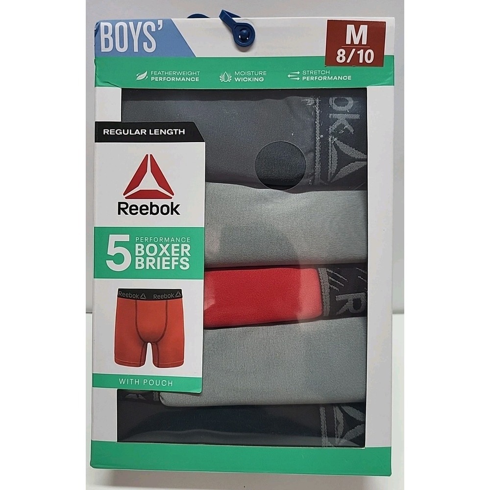 New Reebok Boys 8/10 MEDIUM‎ Boxer Briefs with Pouch 5-PACK Black Gray Red